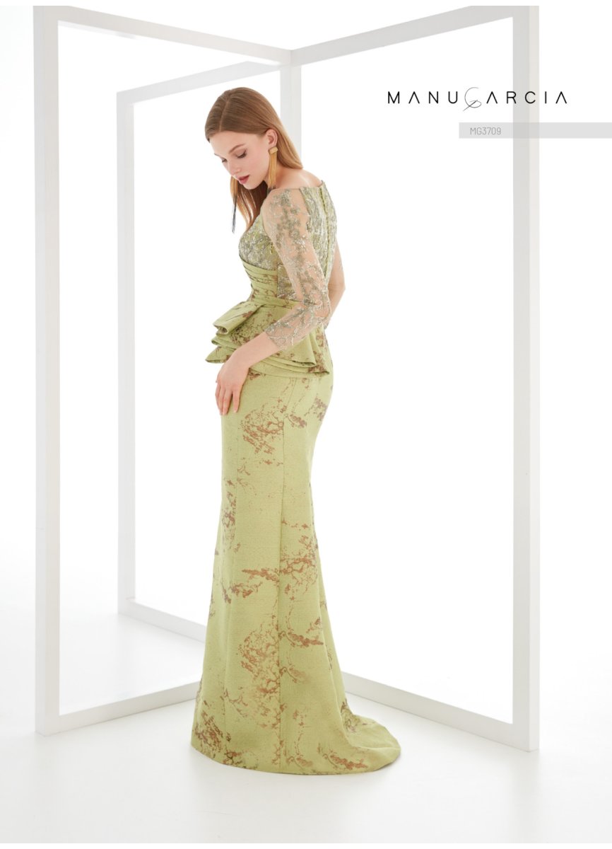 VESTIDO BROCADO Y TUL PEDRERIA