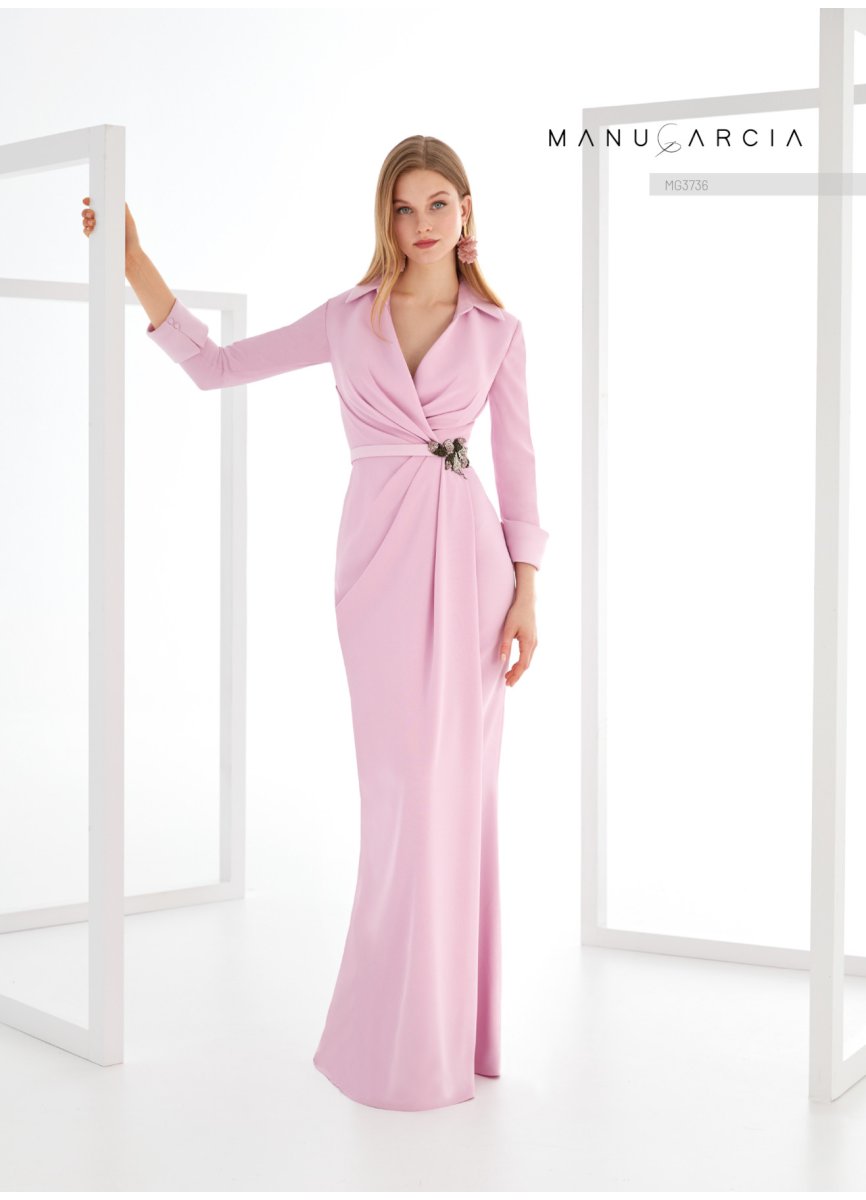 VESTIDO CREPE SATEN Y ADORNO FANTASIA