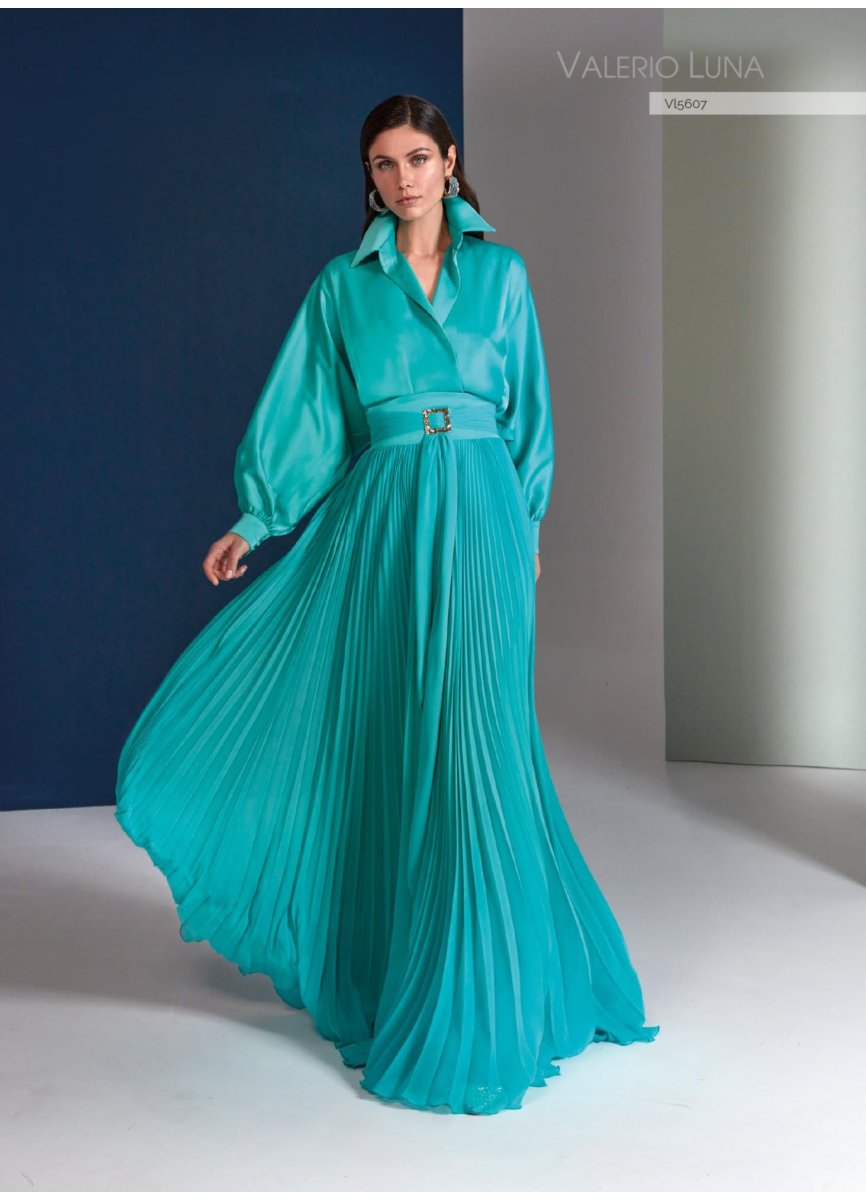 VESTIDO CREPE SATEN Y GASA PLISADO SOLEY