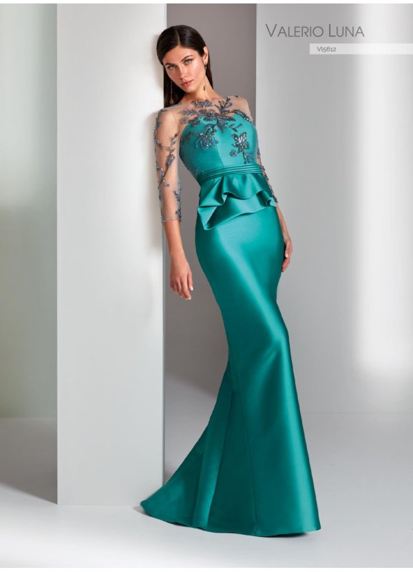 VESTIDO MIKADO Y TUL PEDRERIA